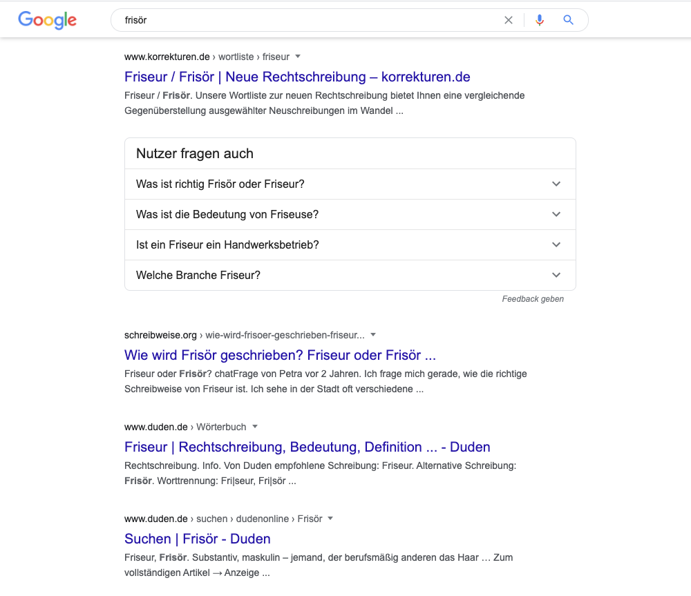 Suchergebnisse zu „Frisör”: Hauptsächlich Themen zur Rechtschreibung