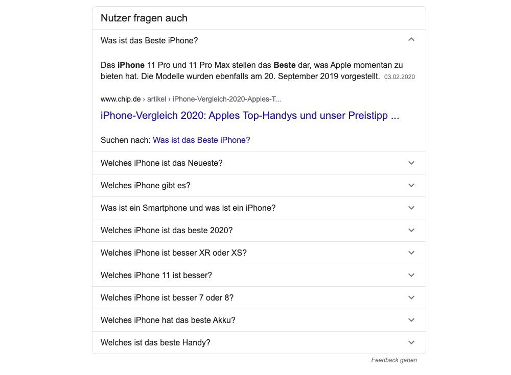 Google greift häufig gestellte und verwandte Fragen auf und versucht sie auf einen Blick zu beantworten